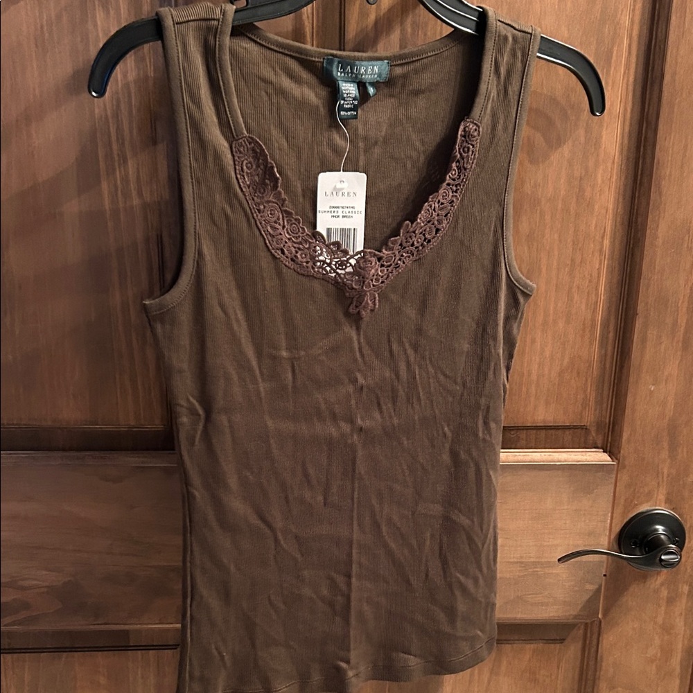 RL Brown Ribbed Sleeveless Lace Deail Top- NWT